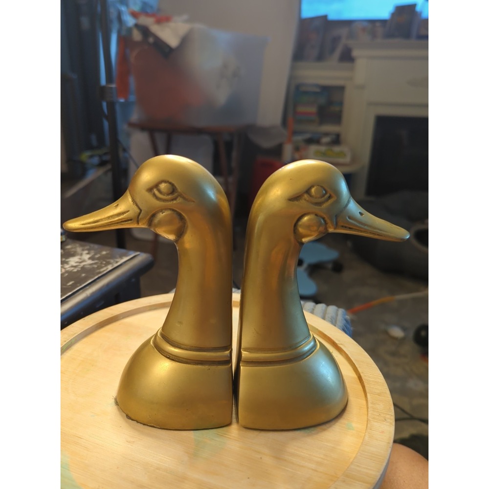 Brass Duck Goose Head Bookends Doorstop Vintage Mid Century MCM 6" Tall VTG